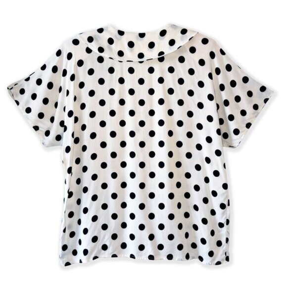 ***SOLD*** Vintage 70s Polka Dot Blouse - White & Black, Short Sleeve Button-Up - Picture 4 of 5